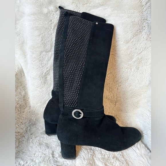 Rockport Women's Sz 7 Total Motion Blk Suede Lthr Tall Heel Boot Buckle - Picture 1 of 4